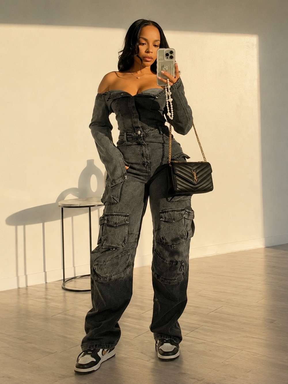 Off-Shoulder Boyfriend Cargo Jeans in Dark Gray